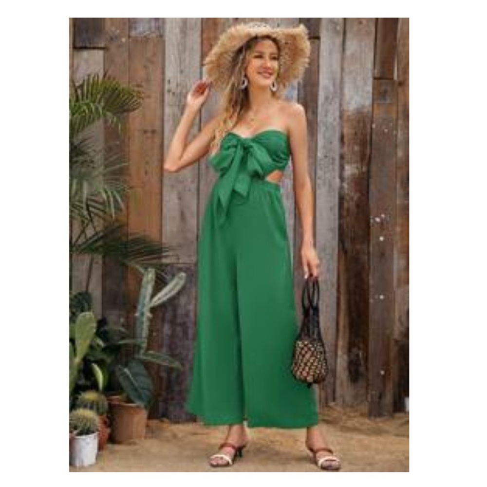SHEIN MATERNITY TIE FRONT TUBE TOP WIDE LEG PANTS SET GREEN SIZE XL 12
